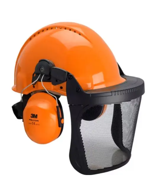 COMBINAISON FORESTIÈRE 3M™ PELTOR, CASQUE DE SÉCURITÉ ORANGE G3000, CASQUE ANTIBRUIT H31, SUPPORT FH1 ET ÉCRAN FACIAL EN MAILLE 5C.
